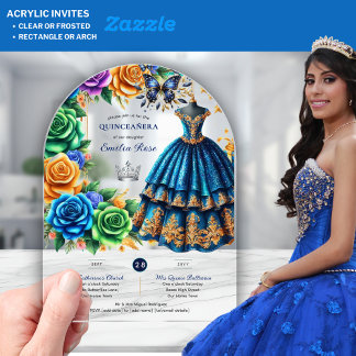 Fiesta Quinceanera Floral Butterflies Blue Gold Acryleinladungen