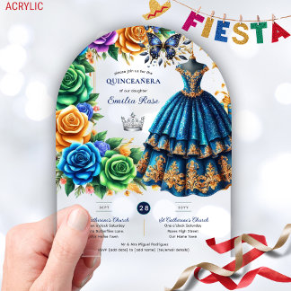 Fiesta Quinceanera Floral Butterflies Blue Gold Acryleinladungen