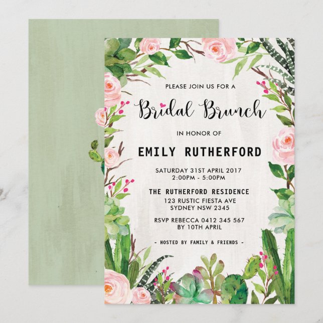 Fiesta Succulent Boho Bridal Brunch Einladung (Vorne/Hinten)