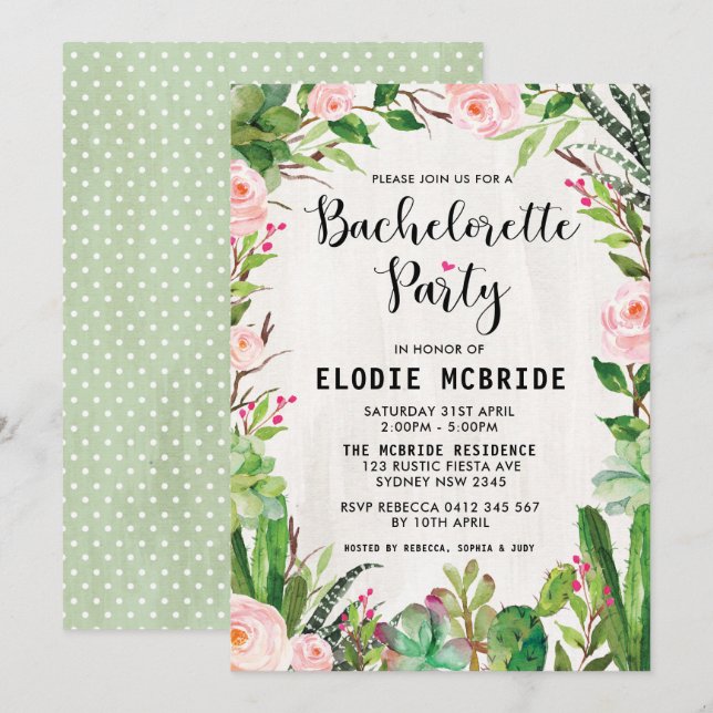 Fiesta Succulent Pink Floral Bachelorette Einladun Einladung (Vorne/Hinten)