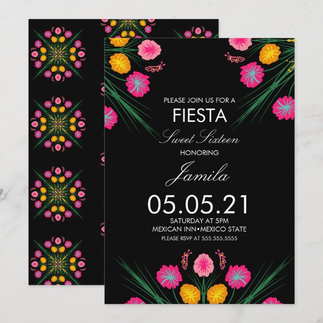 Fiesta Sweet 16 mexikanisch Gezeichnet Blumenschme Einladung (Vorne/Hinten)