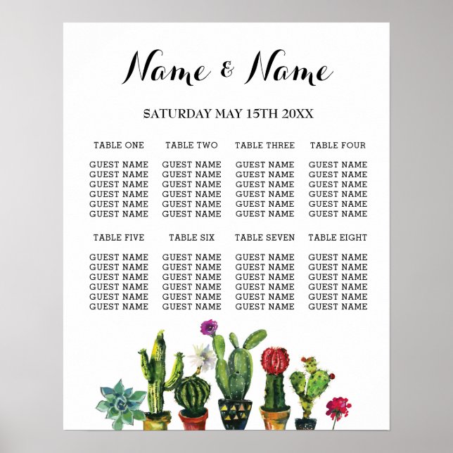 Fiesta Table Plan Hochzeitplakat 8 Sitzkakteen Poster (Vorne)