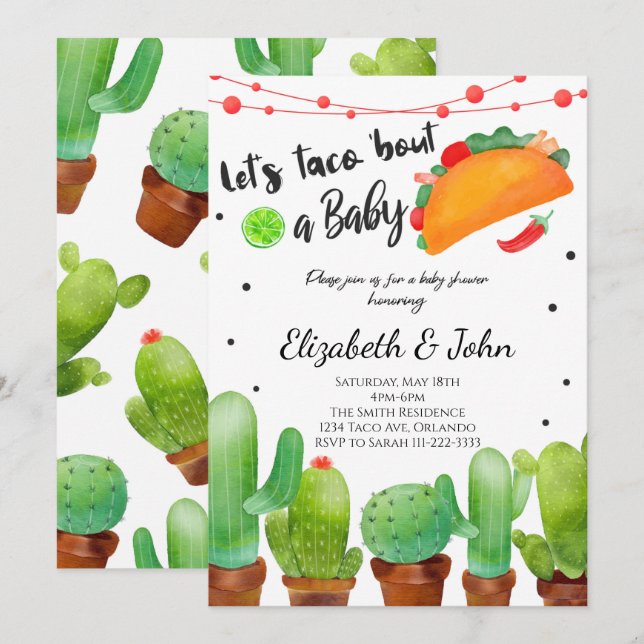 Fiesta Taco Bout bébé aquarelle Cactus Invitation (Devant / Derrière)