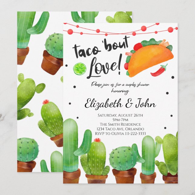 Fiesta Taco Bout Liebe Watercolor Cactus Invitatio Einladung (Vorne/Hinten)