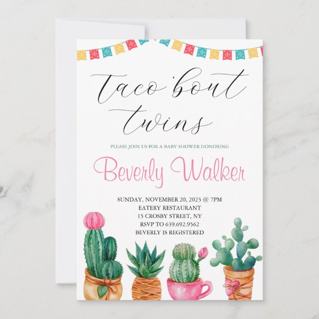 Fiesta Taco 'Bout Twins Mexican Cactus Baby Shower Einladung (Vorderseite)
