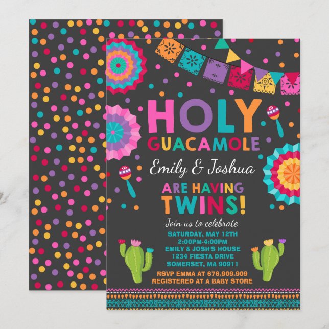 Fiesta Twin Baby Dusche Einladung Heilige Guacamol (Vorne/Hinten)