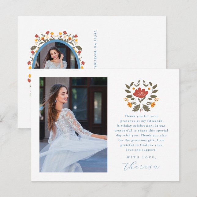 Fiesta Two Foto Blue Quinceanera Floral Vielen Dan Postkarte (Vorne/Hinten)