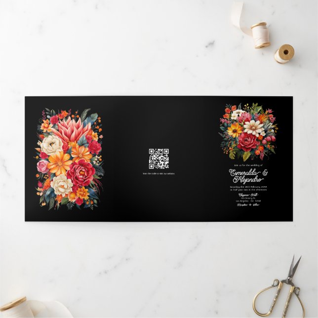Fiesta Wedding Guest Details, Foto & QR Code Dreifach Gefaltete Einladung (Außenbereich)