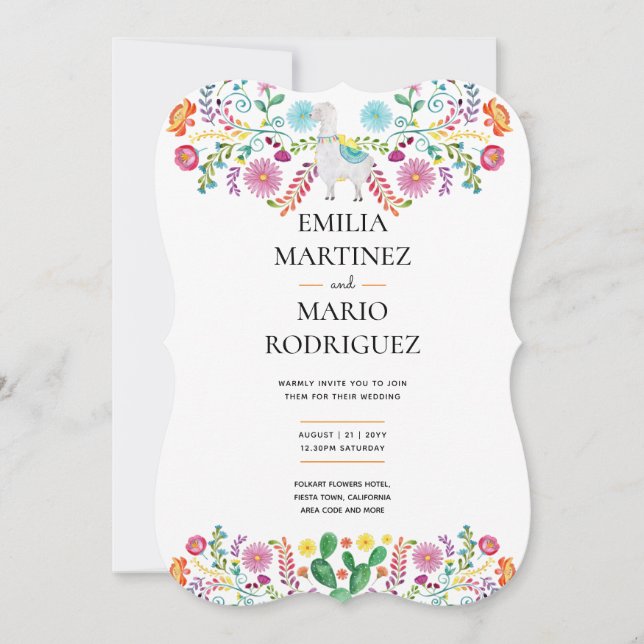 Fiesta Wedding Llama Folk Blume Einladung Cacti (Vorderseite)