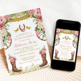 Fiesta Western Mexican Dusty Rose Gold Quinceañera Einladung