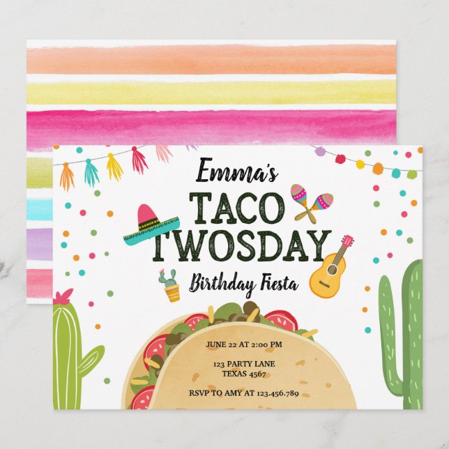 FiestaTaco Twosday Kaktus-Mädchen-2. Einladung (Vorne/Hinten)
