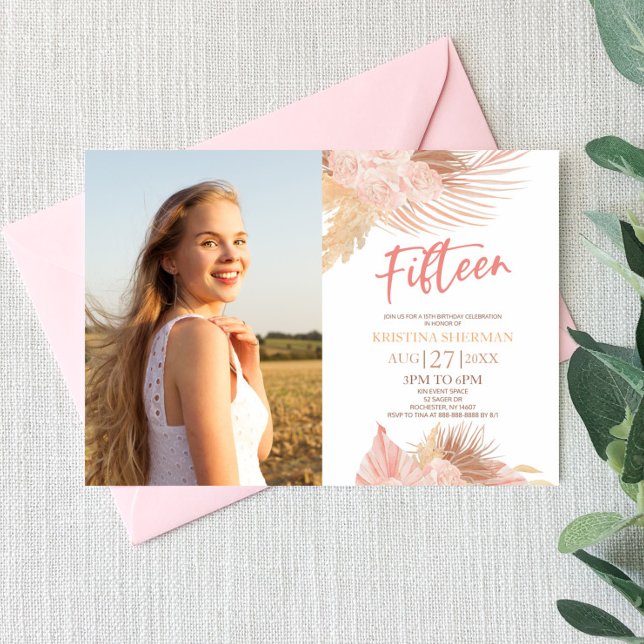 Fifteen Boho Pink Photo 15th Birthday Party Einladung (Von Creator hochgeladen)