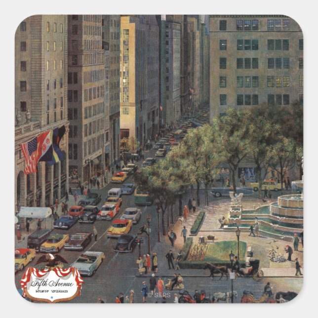 Fifth Avenue von John Falter Quadratischer Aufkleber (Vorderseite)