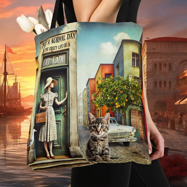 Fifties Fine Art Crazy Cat Lady Tasche (Tote bag featuring a fine art painting of an elegant lady in a surreal city scene with a cat)