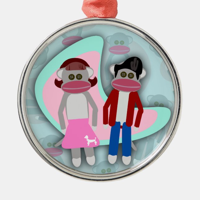 Fifties Sock Hop Sock Monkeys Retro Art Cartoon Silbernes Ornament (Vorne)