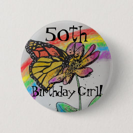 Fiftieth Birthday Girl Rainbow Monarch Abzeichen Button
