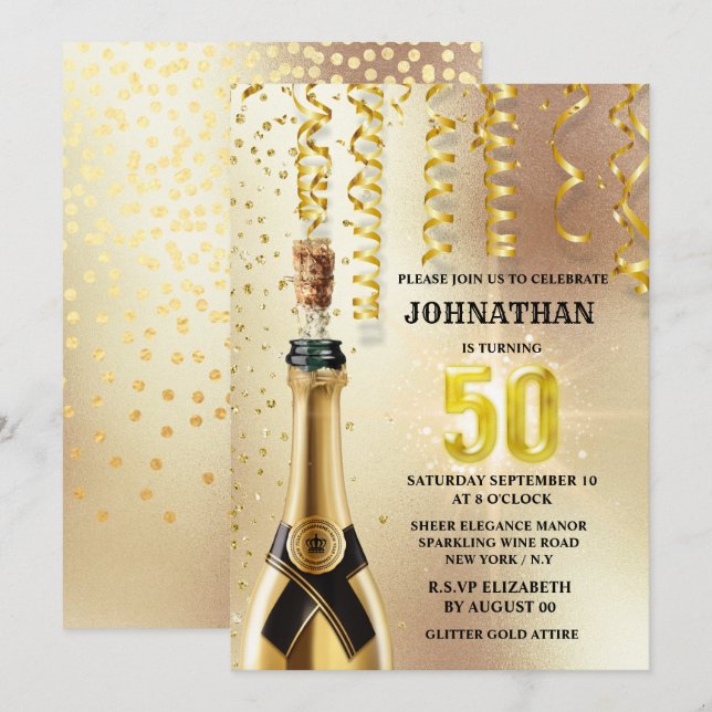 Fiftieth gold Glitzer Schaumwein elegantes Party Einladung (Vorne/Hinten)