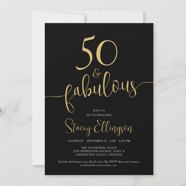 Fifty and Fabulous 50th Birthday Black Gold Einladung (Vorderseite)