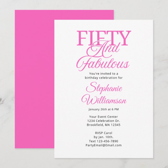 Fifty and Fabulous Black and Pink Script Einladung (Vorne/Hinten)