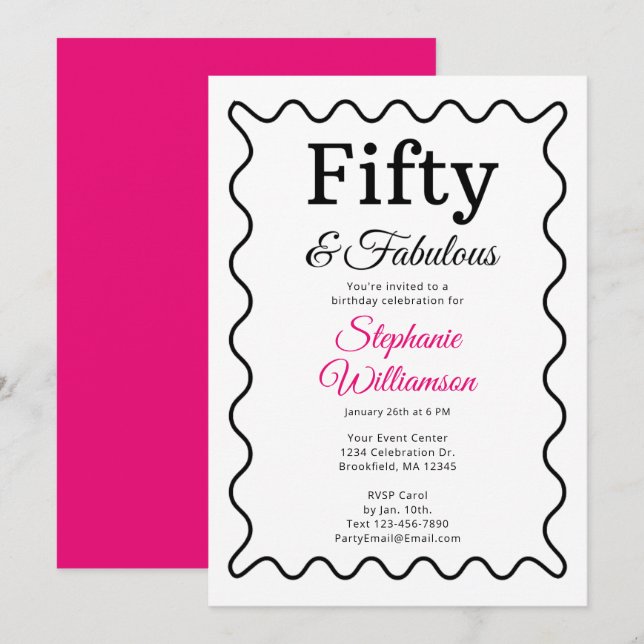 Fifty and Fabulous Black and Pink Script Einladung (Vorne/Hinten)