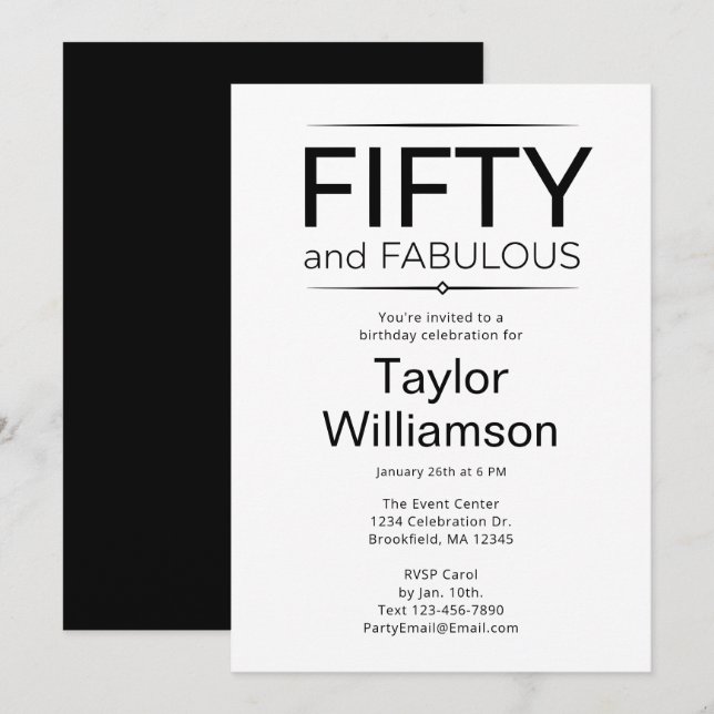 Fifty and Fabulous Black and White  Einladung (Vorne/Hinten)