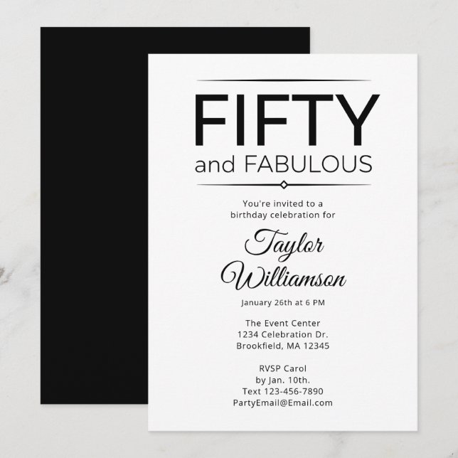 Fifty and Fabulous Black and White Script Einladung (Vorne/Hinten)