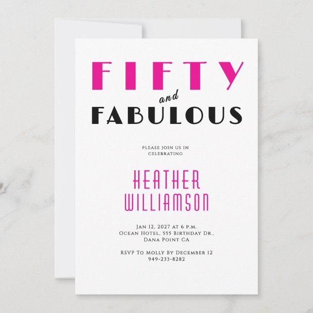 Fifty and Fabulous Black Pink 50th Birthday  Einladung (Vorderseite)