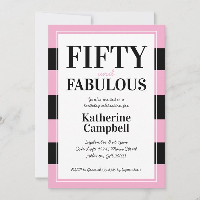 Fifty and Fabulous Black Pink 50th Birthday Party Einladung (Vorderseite)