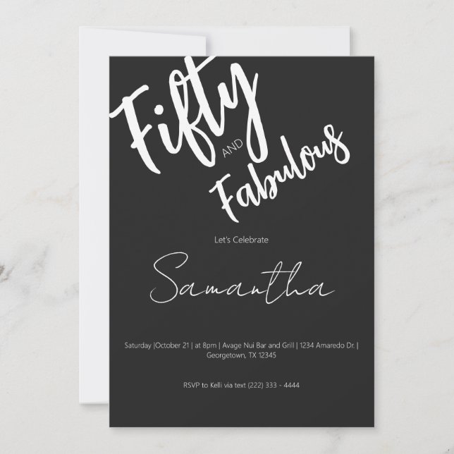 Fifty and Fabulous Black Script 50th Birthday Einladung (Vorderseite)