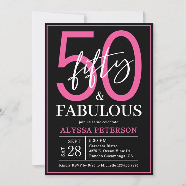 Fifty and Fabulous Black Script 50th Birthday Einladung (Vorderseite)