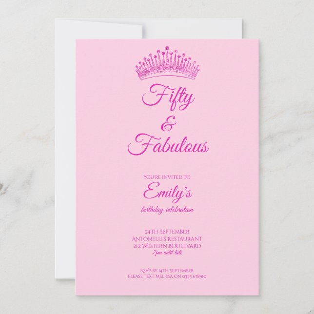 Fifty and Fabulous Crown Pink Birthday Einladung (Vorderseite)