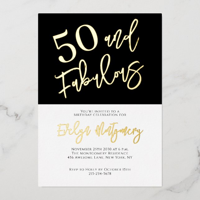 Fifty and Fabulous Gold Black 50th Birthday Party  Folieneinladung (Vorderseite)