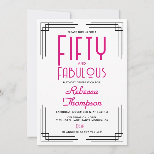 Fifty and Fabulous Hot Pink Art Deco 50th Birthday Einladung (Vorderseite)