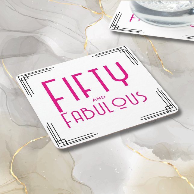 Fifty and Fabulous Hot Pink Art Deco 50th Birthday Rechteckiger Pappuntersetzer (Fifty and Fabulous Hot Pink Art Deco 50th Birthday Coaster with Black and White Art Deco Corners.)