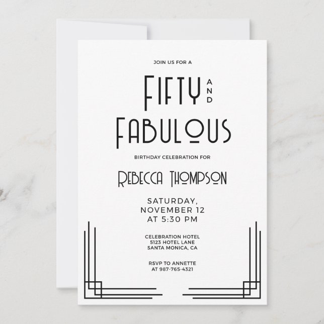 Fifty and Fabulous Modern Art Deco 50th Birthday Einladung (Vorderseite)