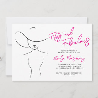 Fifty and Fabulous Pink Line Art Birthday Party  Einladung