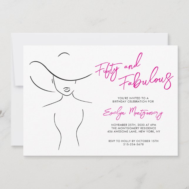Fifty and Fabulous Pink Line Art Birthday Party  Einladung (Vorderseite)