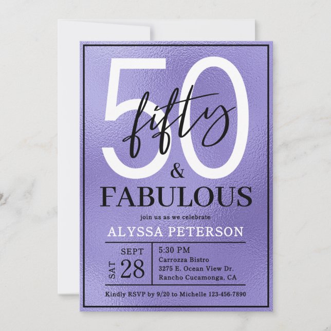 Fifty and Fabulous Purple Script 50th Birthday Einladung (Vorderseite)
