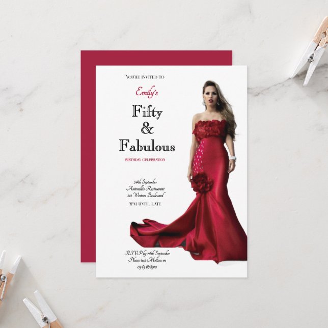Fifty and Fabulous Red Dress Script Birthday Einladung (Vorderseite/Rückseite Beispiel)