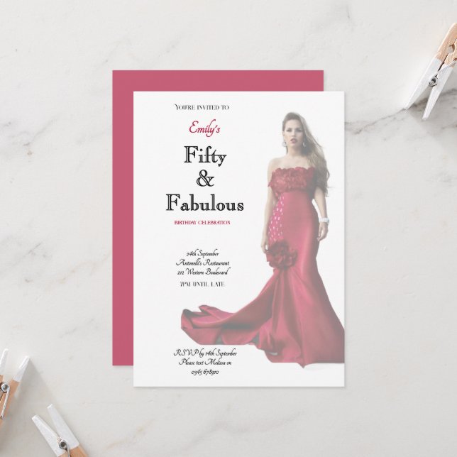 Fifty and Fabulous Red Dress Script Birthday Einladung (Vorderseite/Rückseite Beispiel)