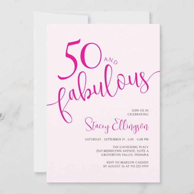 Fifty and Fabulous Script Pink 50th Birthday Party Einladung (Vorderseite)