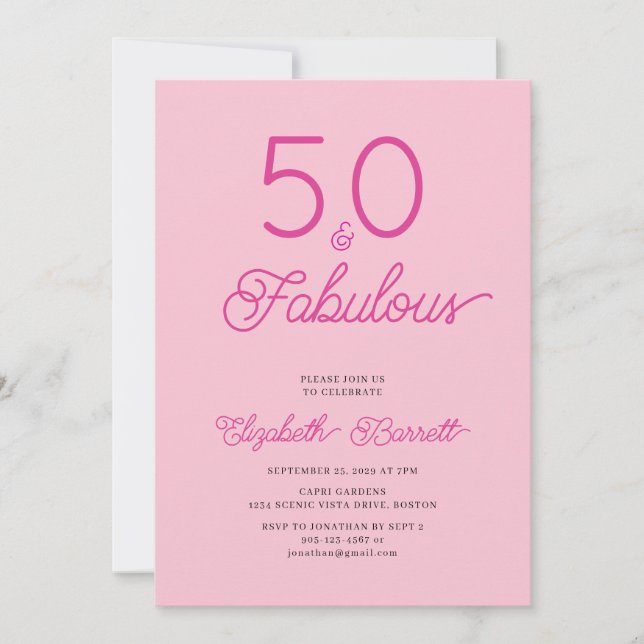Fifty and Fabulous Script Pink 50th Birthday Party Einladung (Vorderseite)