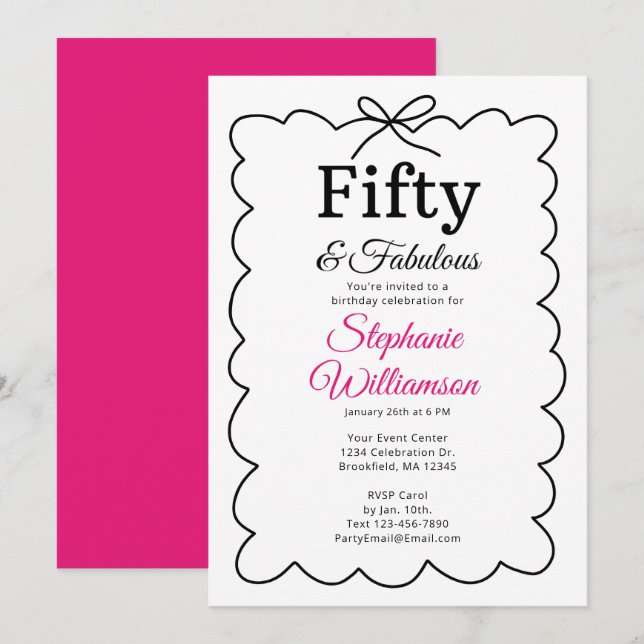Fifty and Fabulous Whimsical Black and Pink Script Einladung (Vorne/Hinten)
