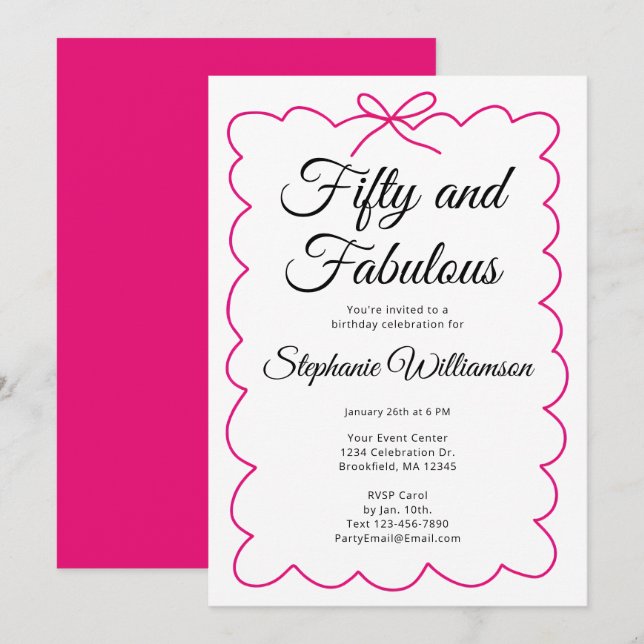 Fifty and Fabulous Whimsical Pink and Black Script Einladung (Vorne/Hinten)