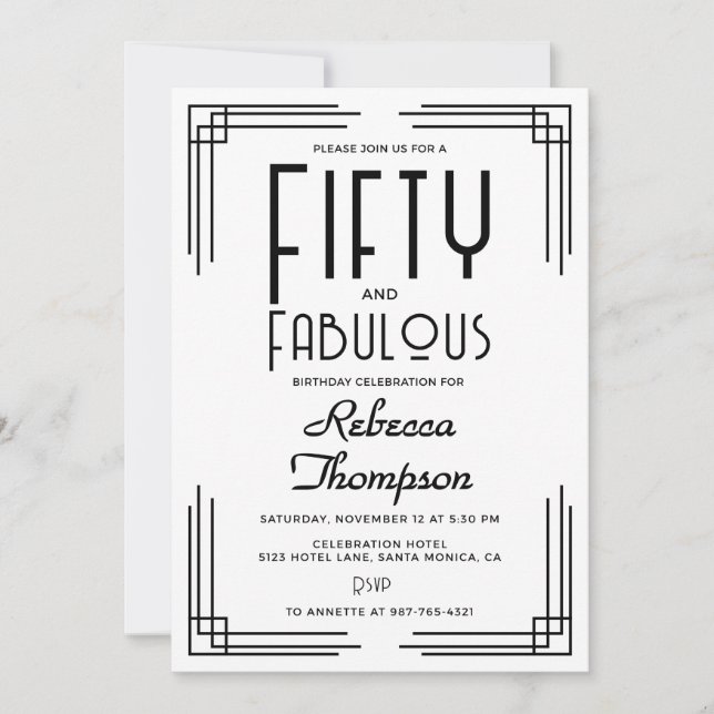 Fifty Fabulous Black White Art Deco 50th Birthday Einladung (Vorderseite)