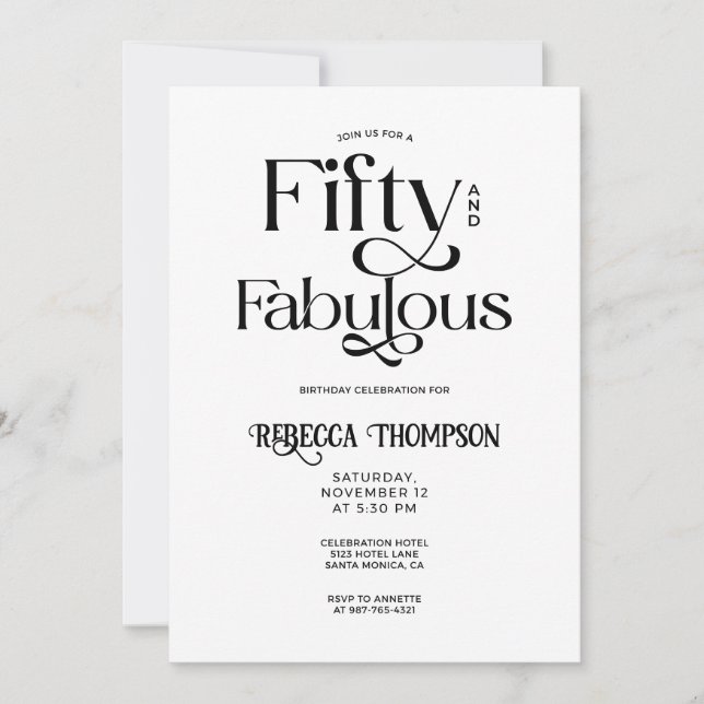 Fifty Fabulous Black White Script 50th Birthday Einladung (Vorderseite)