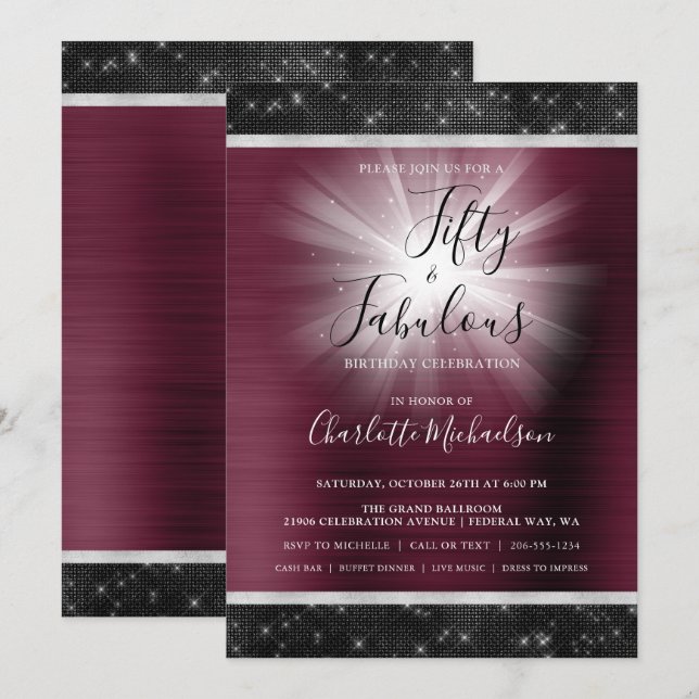 Fifty & Fabulous Burgundy Black Sparkle Glam Einladung (Vorne/Hinten)