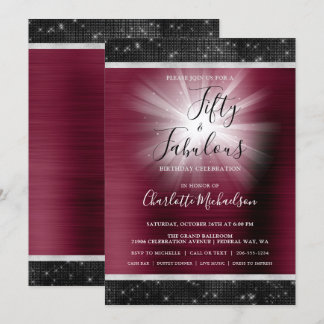 Fifty & Fabulous Burgundy Black Sparkle Glam Einladung