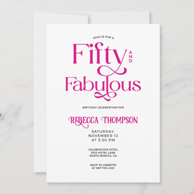 Fifty Fabulous Hot Pink Script 50th Birthday Einladung (Vorderseite)