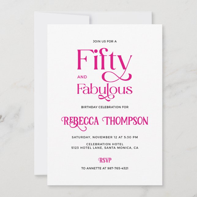 Fifty Fabulous Hot Pink Script 50th Birthday Einladung (Vorderseite)